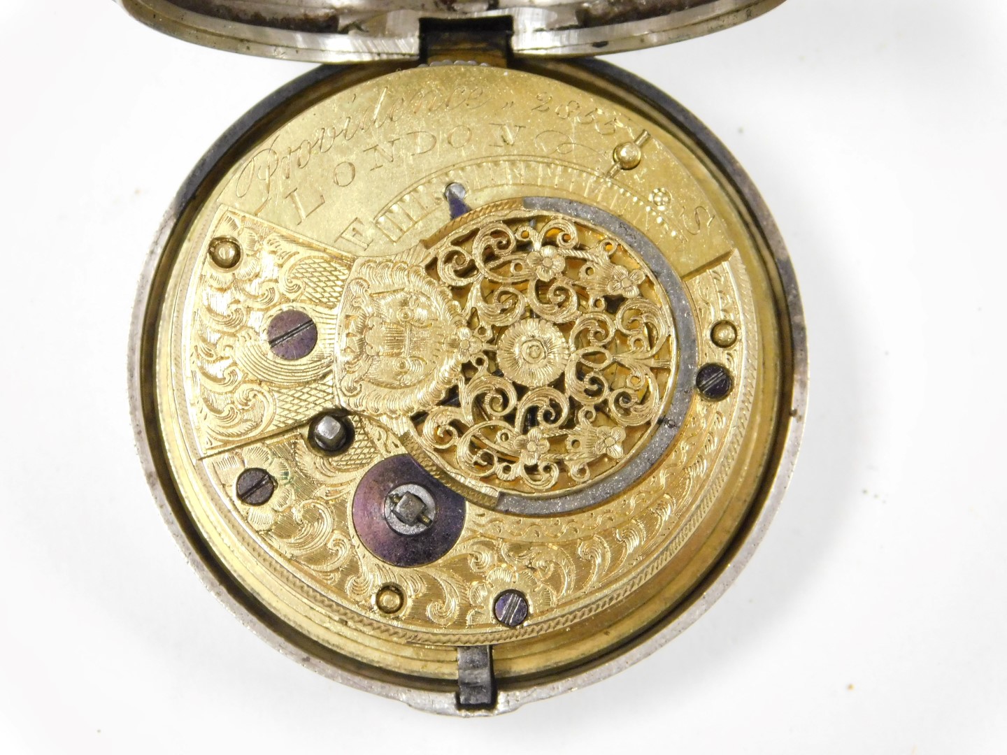 A George IV silver gentleman's pair cased pocket watch, open faced, keywind, circular enamel dial be - Image 4 of 6