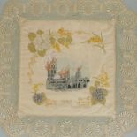 A commemorative cloth for Ypres, possible WWI period, showing the church in a surround of flowers, w
