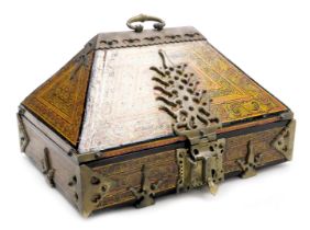 A 19thC Indian brass and painted wooden Malabar or dowry chest, painted with flowers and scrolling l