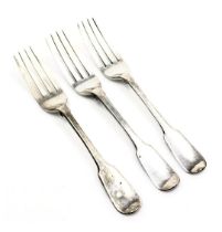 Three George III silver Old English pattern table forks, makers initials WE, London 1810, 6.63oz.