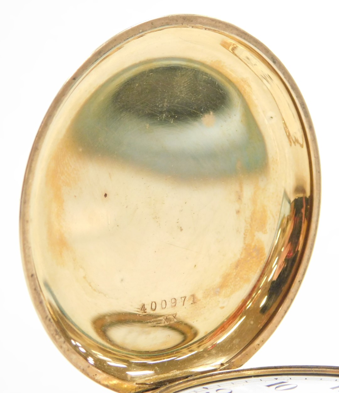 A gentleman's gold plated hunter pocket watch, keyless wind, circular enamel dial bearing Arabic num - Image 3 of 7