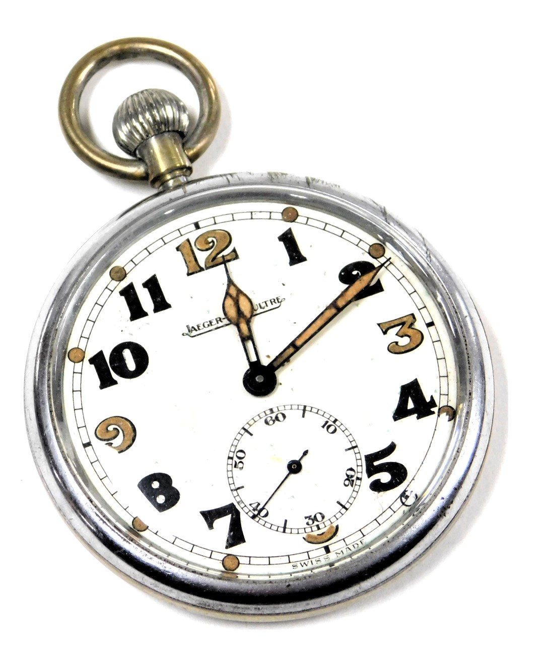 An early 20thC Jaeger-le-Coutre stainless steel cased military pocket watch, open cased, keyless win