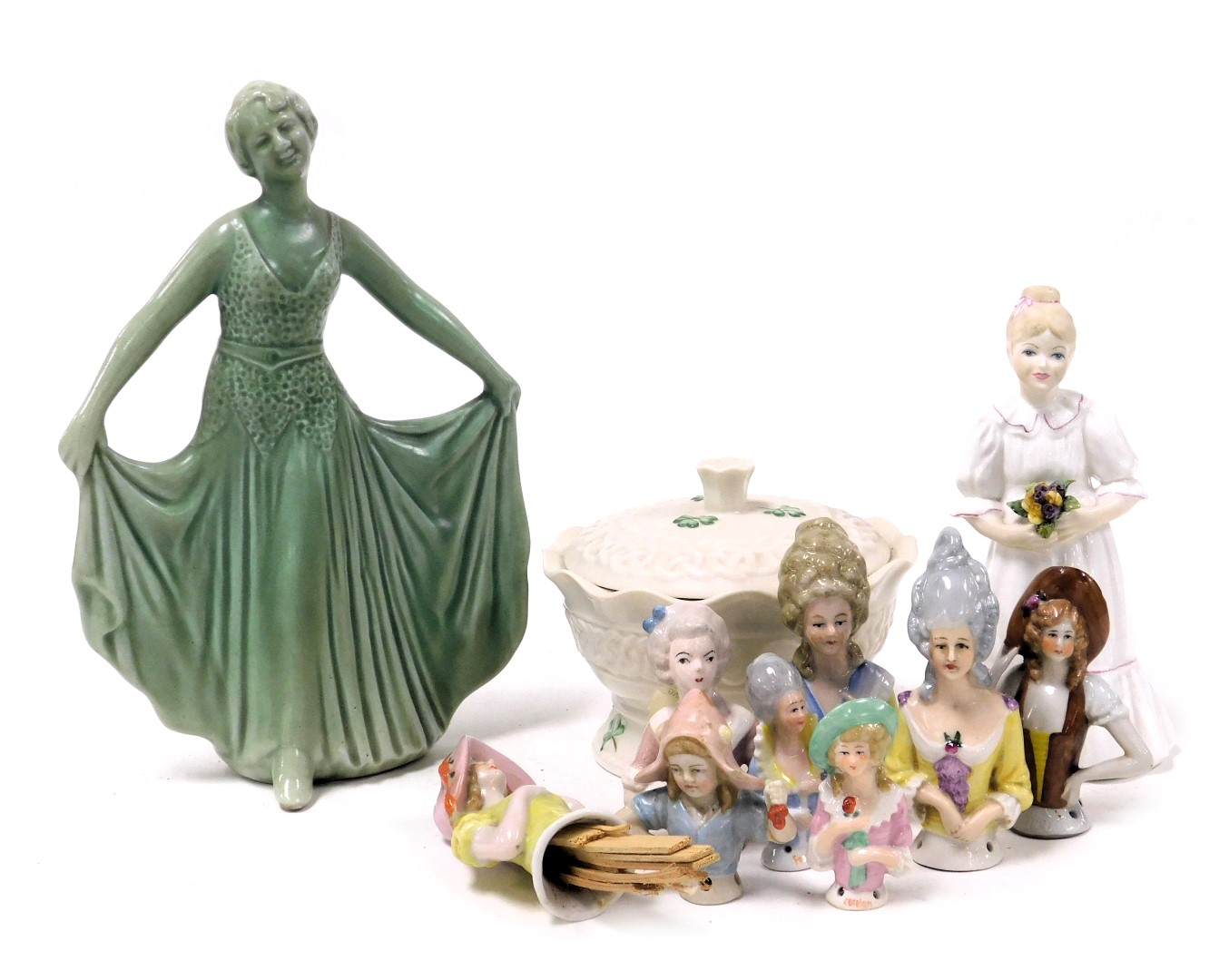 A Belleek porcelain Tara gift box, eight Gainsborough lady type porcelain pin dolls, a Coalport figu