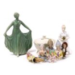 A Belleek porcelain Tara gift box, eight Gainsborough lady type porcelain pin dolls, a Coalport figu