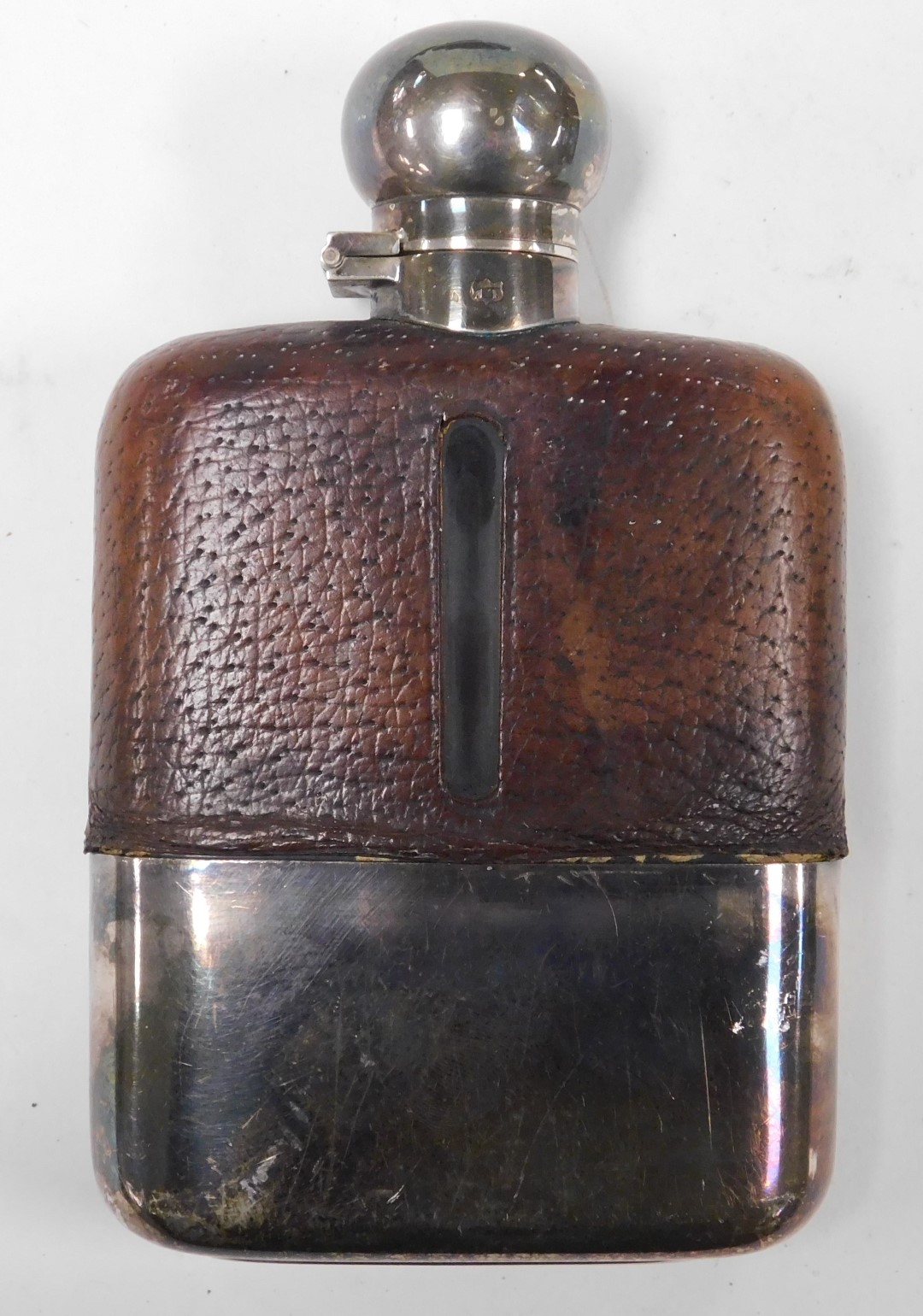 A Victorian glass huntsman's hip flask, with a plated hinged lid, leather cased, a further hip flask - Image 3 of 6