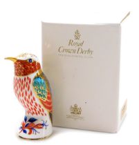A Royal Crown Derby Imari hummingbird paperweight, gold stopper, boxed.