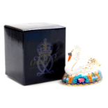 A Royal Crown Derby Imari swan paperweight, gold stopper, boxed.