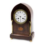 An Edwardian mahogany cased mantle clock, circular enamel dial bearing Roman numerals, eight day mov