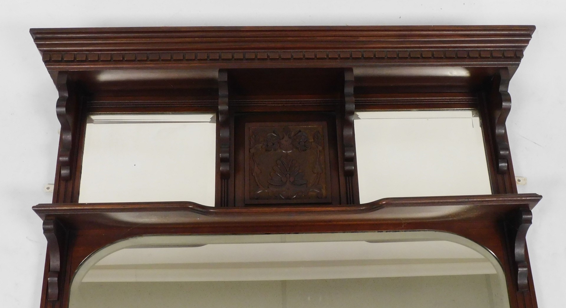 A Victorian mahogany over mantle mirror, the dentil moulded pediment over a pair of rectangular beve - Image 2 of 2