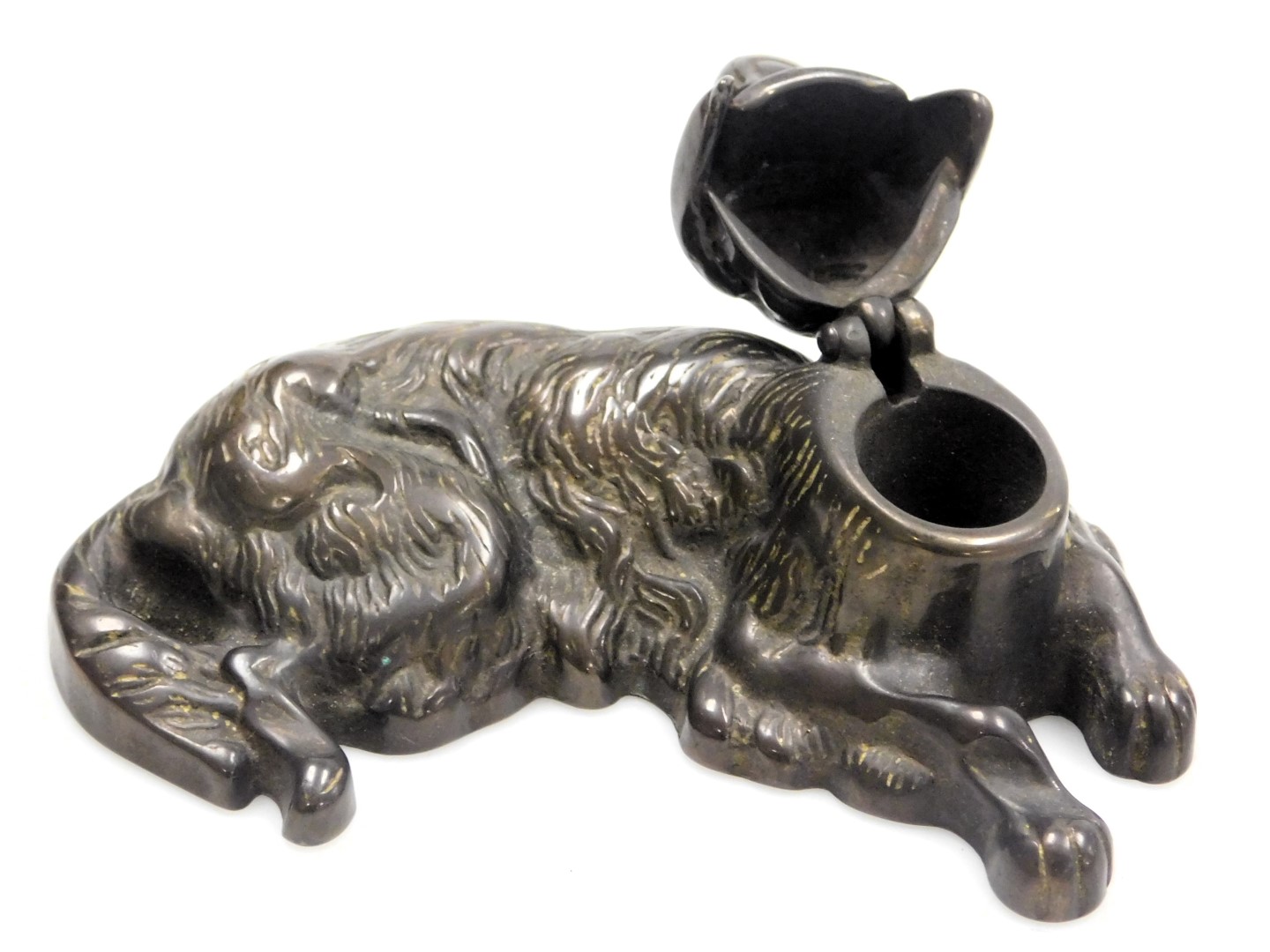 A Victorian metal novelty inkwell, modelled as a recumbent dog, 13cm wide, together with a bronzed p - Bild 2 aus 2