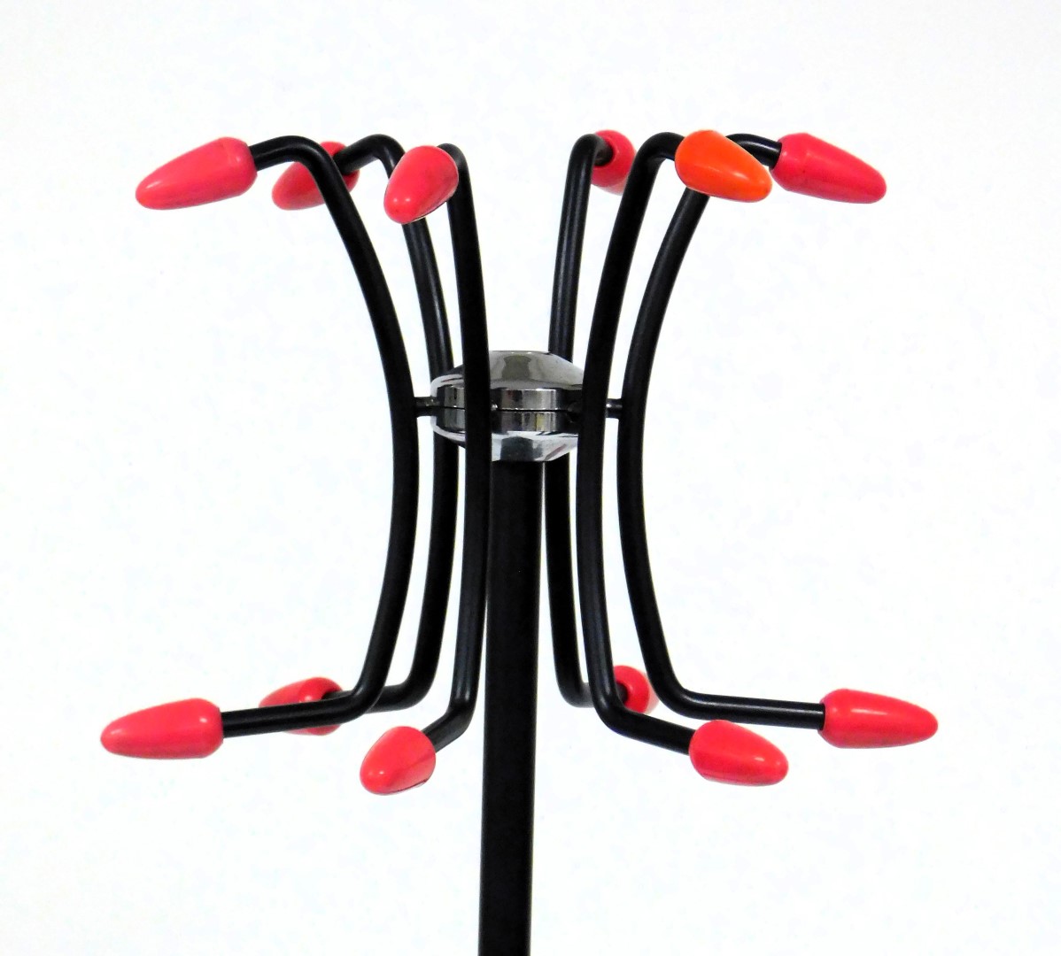 A vintage 1950s atomic black metal coat and umbrella stand, with six branches, pink rubber capped, r - Image 2 of 2
