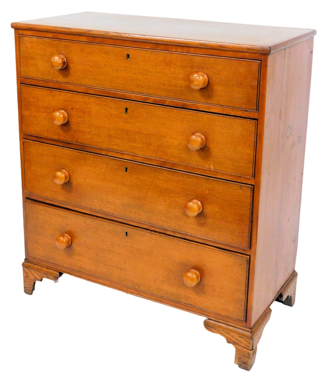 An early 19thC oak chest, of four long graduated drawers, raised on bracket feet, 101cm high, 90.5cm