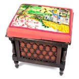 A Victorian mahogany piano stool, the hinged wool work seat decorated with a farmyard scene, above f