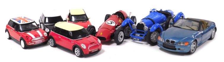 A UT scale model of a BMW Z3, 1/18 scale, Burago Bugatti type 59 1934, Polistil Ferrari 500 and four