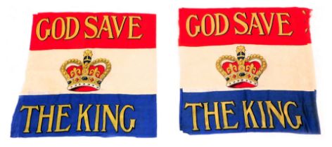 Two early 20thC royal commemorative flags, red, white and blue banded, with a central crown, within