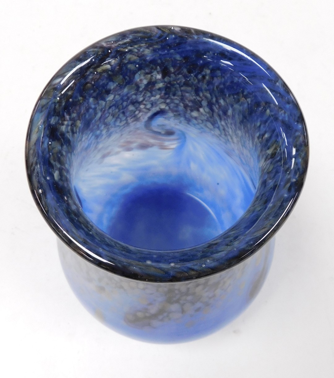 A mid century Monart blue glass vase, with a darker blue and aventurine decoration, 18.5cm high. - Image 2 of 2