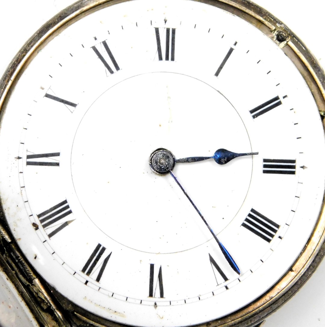 A Victorian gentleman's silver cased pocket watch, open faced, key wind, circular enamel dial bearin - Image 5 of 11