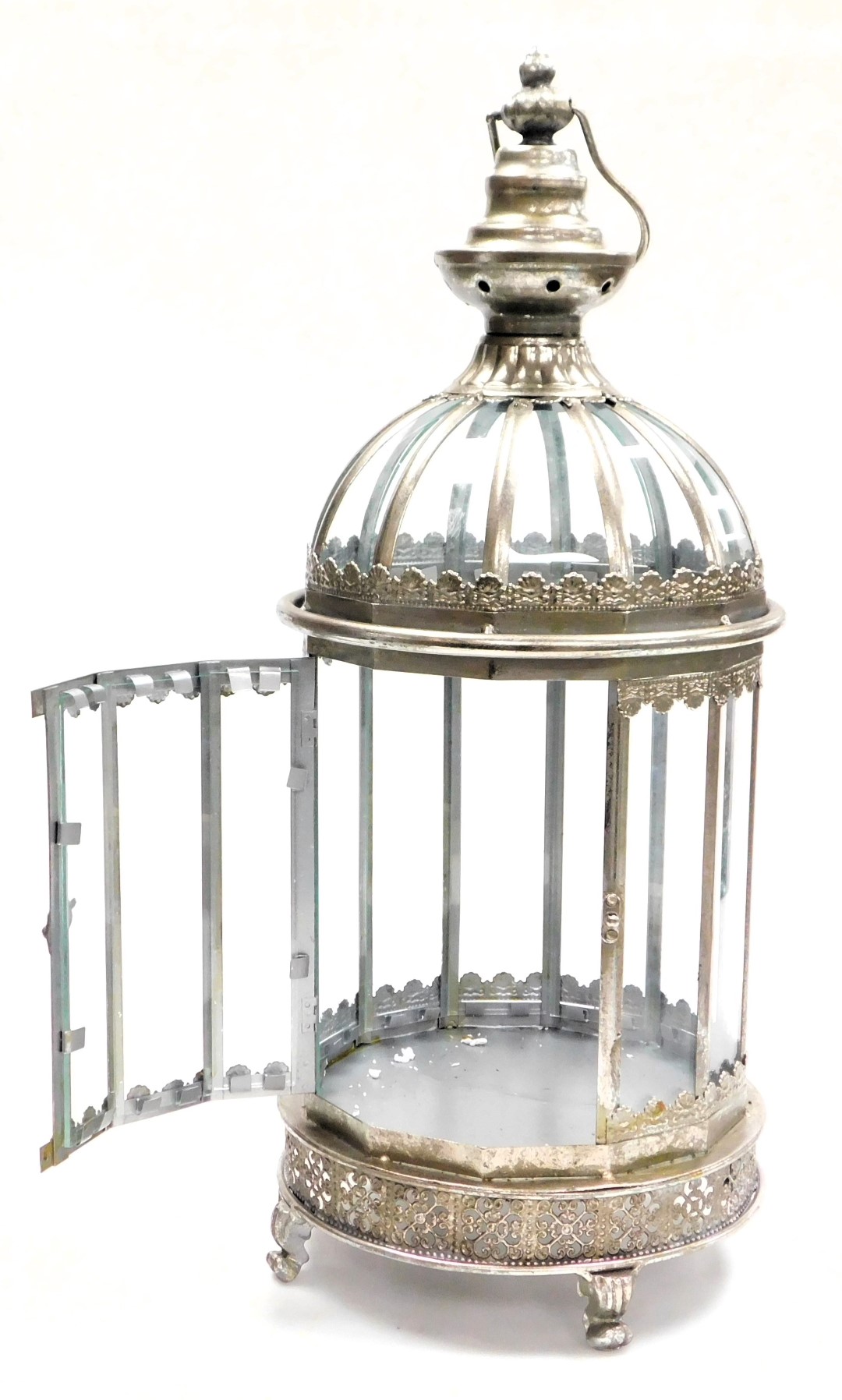 A pair of metal and glass lanterns, with a silvered finish, having an urn finial, shell embossed and - Image 2 of 2