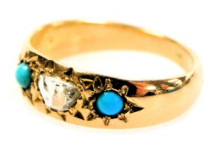 A late 19thC diamond and turquoise gypsy ring, set with an old cut diamond and two seed turquoises,