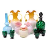 A group of Victorian opaline glass vases, a turquoise glass vase, and a pair of amber twin handled v
