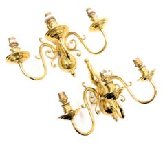 A pair of Carolean style brass three branch wall lights, 40cm wide.