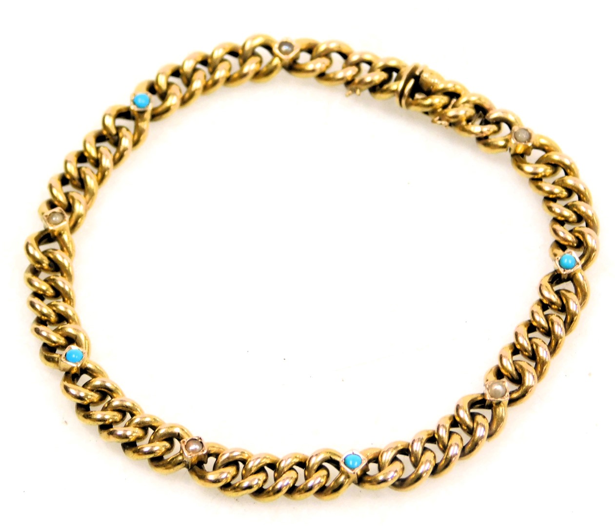 A 15ct gold curb link bracelet, set with seed pearls and turquoises at intervals, on a snap clasp, 9