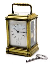 A late 19thC brass repeater carriage clock, by Webster of Cornhill, London, rectangular enamel dial