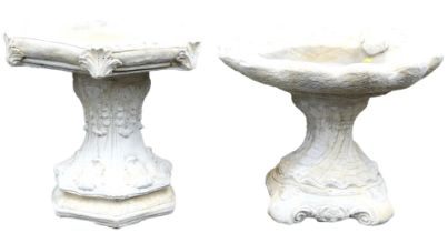 A concrete birdbath, of hexagonal form, raised on an out swept stem with foliate decoration, 41cm wi