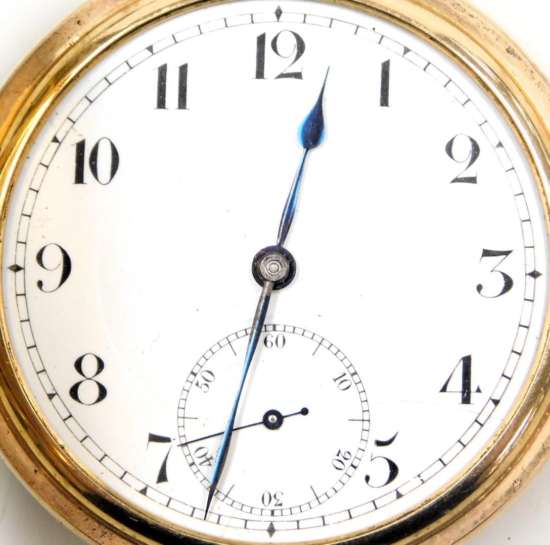 A gentleman's gold plated hunter pocket watch, keyless wind, circular enamel dial bearing Arabic num - Image 2 of 7