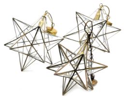 A pair of tetrahedron star shaped lights, 36cm high, and a further ceiling light, 33cm high. (3)