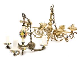 A Victorian style brass five branch chandelier, 42cm high, together with a mid century brass and por