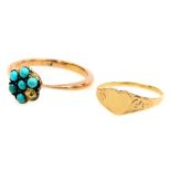 A turquoise flower head ring, in yellow metal, one stone lacking, stamped 9ct, size O, and a child's