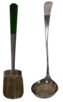 A silver sugar shovel, with a jadeite handle, and a Georgian silver cream ladle, 1.29oz.