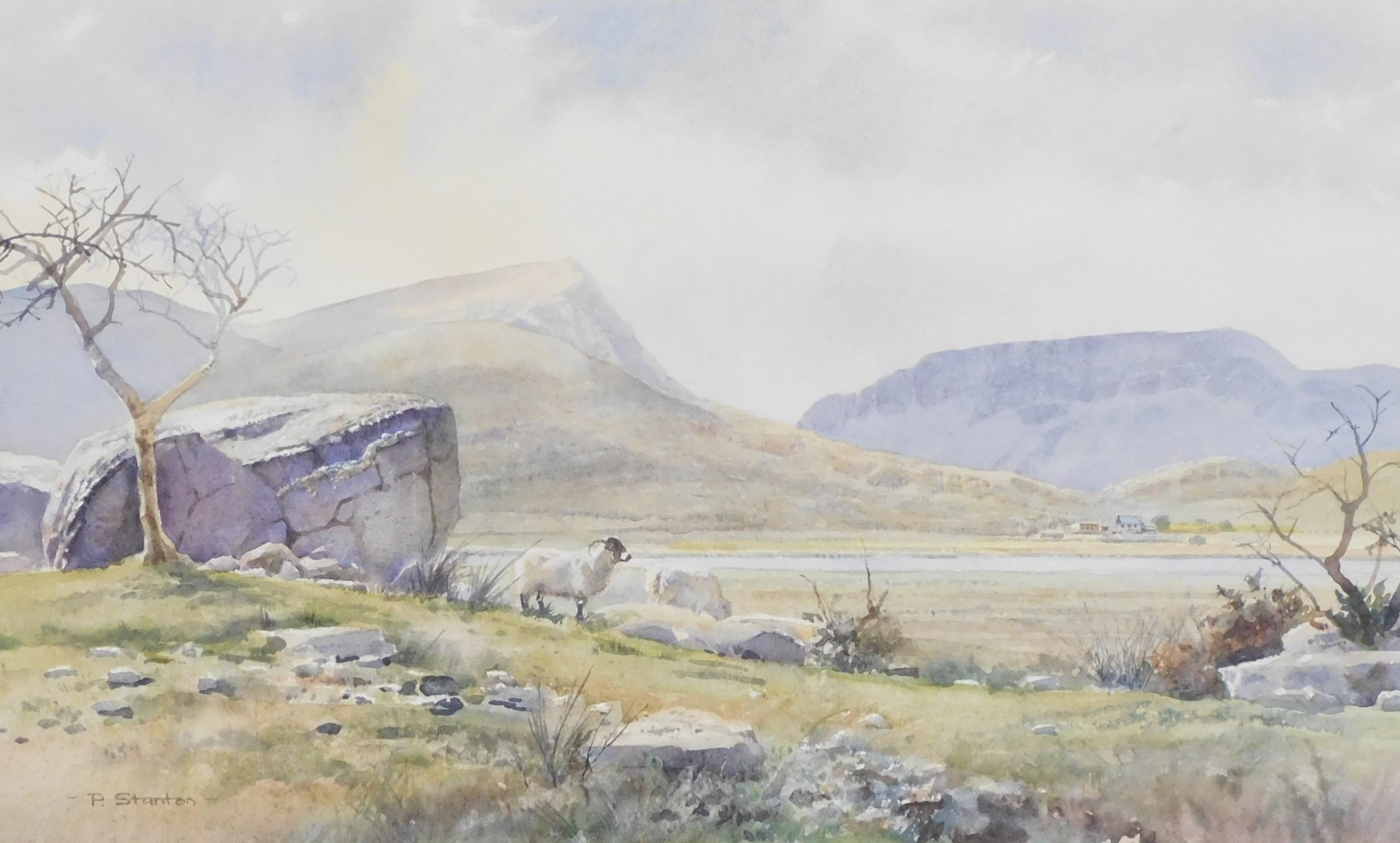 Philip Stanton (British, B.1955) landscape with mountains and a lake, watercolour, signed, 33cm x 53