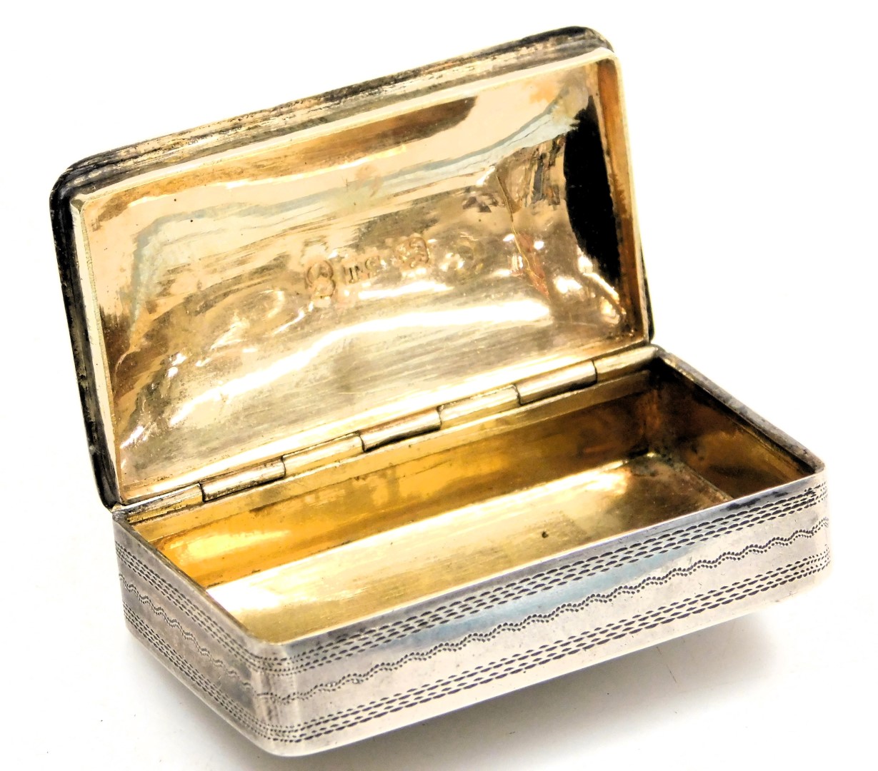 A George IV silver snuff box, of domed rectangular form, with lattice work engraving, rectangular re - Image 2 of 4