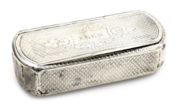 A 19thC snuff box, white metal, of oblong form, with engine turned decoration, the lid with a monogr