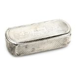 A 19thC snuff box, white metal, of oblong form, with engine turned decoration, the lid with a monogr