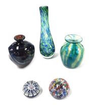 Two Mdina glass vases, a Wedgwood glass vase, and two millefiori glass paperweights. (5)