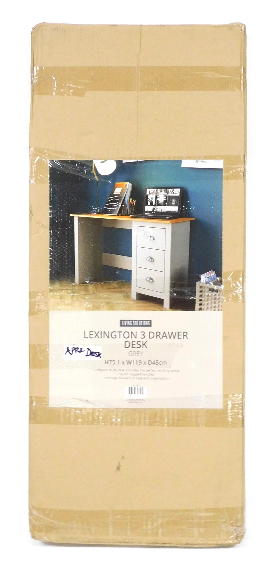 A Living Solutions Lexington three drawer desk, in grey, 75cm high, 119cm wide, 45cm deep.(boxed)