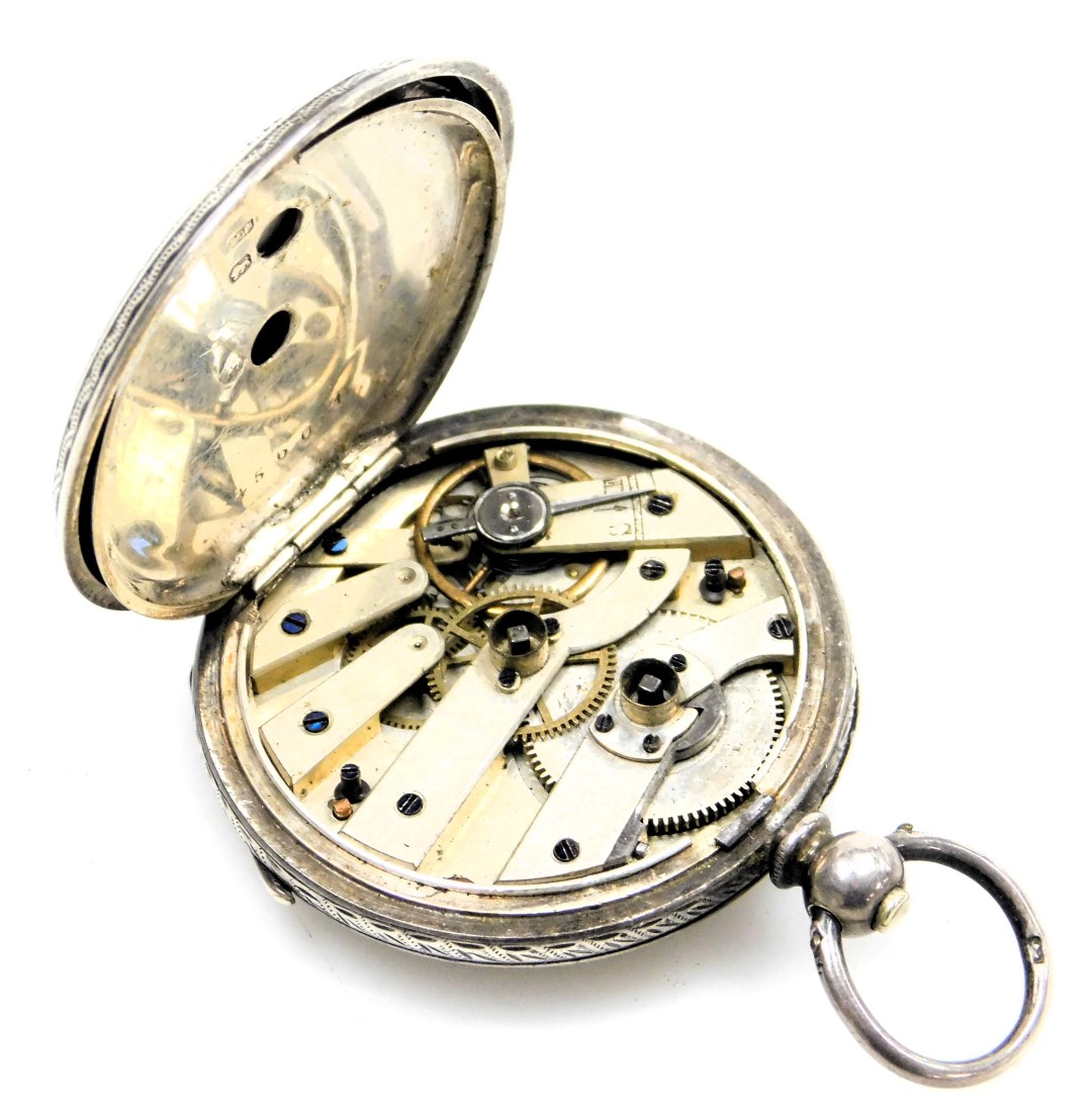 A Victorian gentleman's silver cased pocket watch, open faced, key wind, circular enamel dial bearin - Image 7 of 11