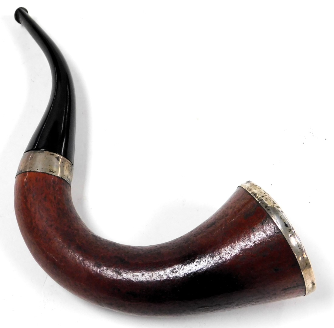 A late 19thC briarwood Sherlock Homes pipe, with plated mounts, cased, 19cm wide. - Bild 2 aus 2