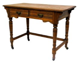 A Victorian oak wash stand, with two frieze drawers, raised on turned legs united by stretchers, bra