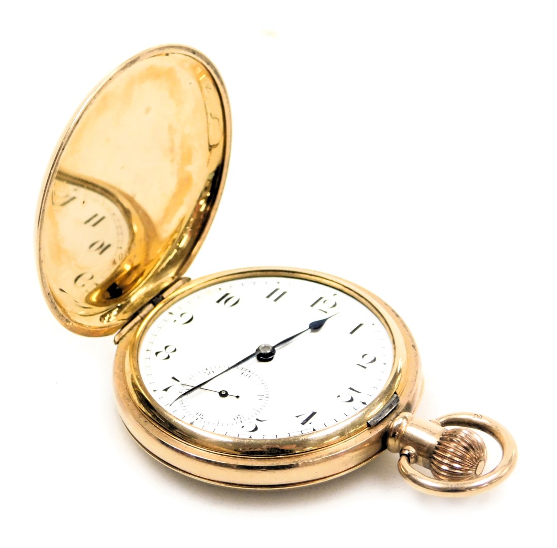 A gentleman's gold plated hunter pocket watch, keyless wind, circular enamel dial bearing Arabic num