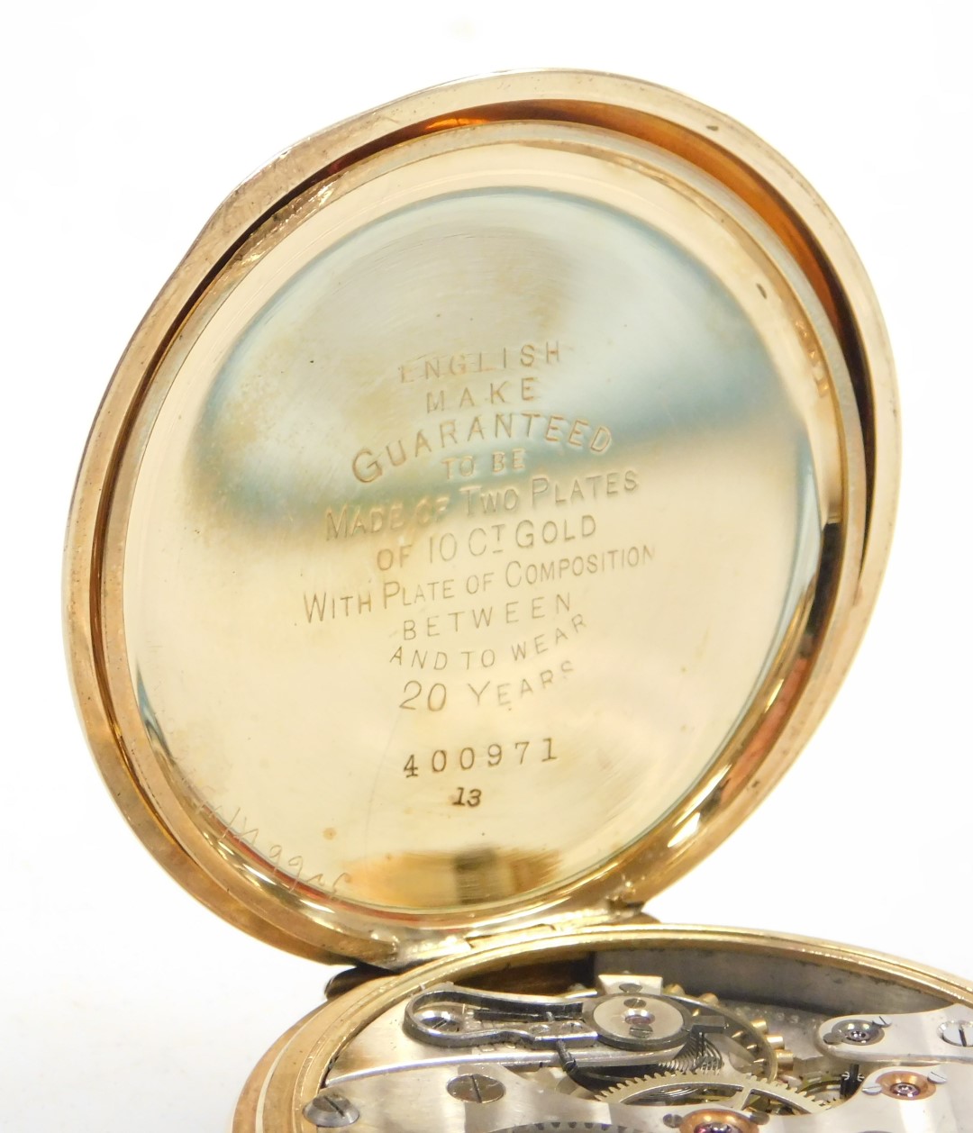 A gentleman's gold plated hunter pocket watch, keyless wind, circular enamel dial bearing Arabic num - Image 5 of 7