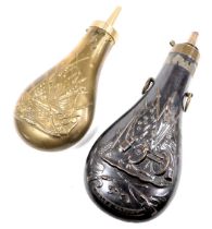 A 19thC Colt's Patent copper and brass shot flask, of pear form, embossed with Civil War flags and w