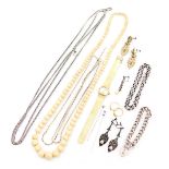 Silver and costume jewellery, including a string of graduated bone beads, silver chains, filigree ea