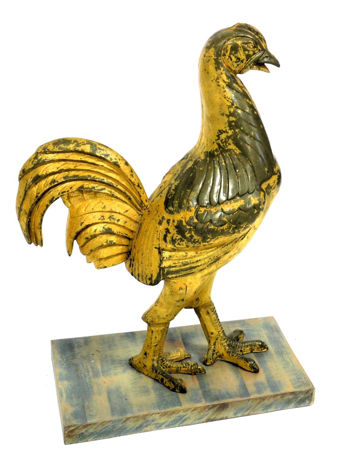 A 20thC gilded plaster figure of a rooster, raised on a rectangular wooden base, 68cm high.