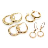 Four pairs of 9ct gold hoop earrings, 4.9g.