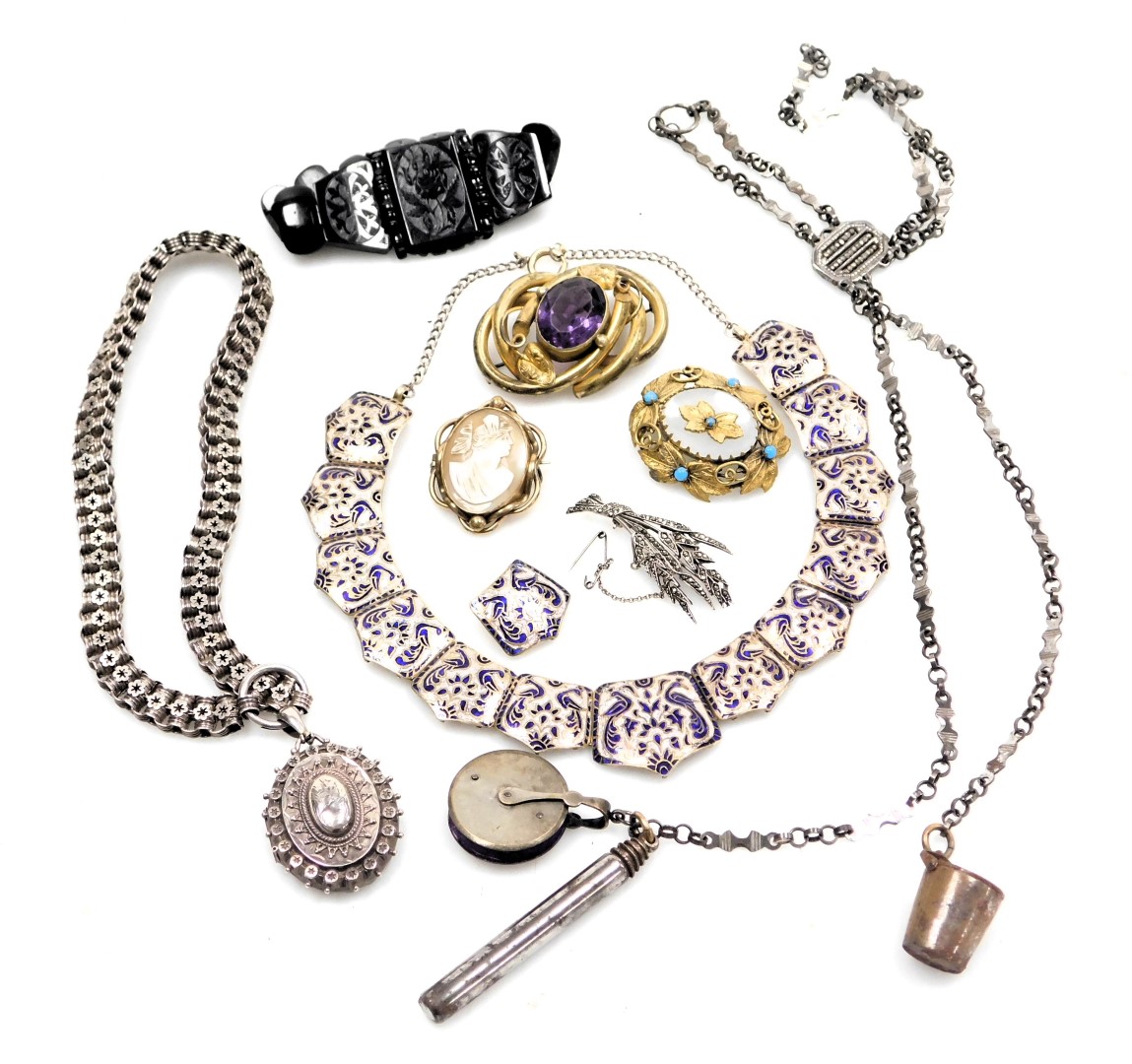 Victorian and later silver and costume jewellery, including a silver locket on chain, jet multi-link