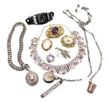 Victorian and later silver and costume jewellery, including a silver locket on chain, jet multi-link